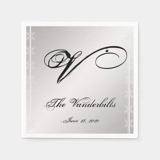 シルバーとホワイトのスノーフレーク冬のナプキン スタンダードカクテルナプキン (正面)