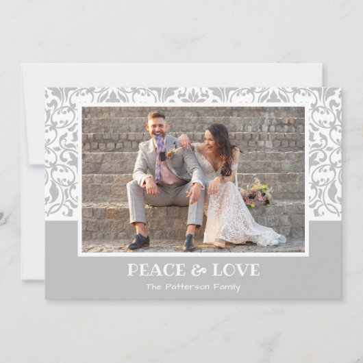 シルバーとホワイトのダマスクのクリスマスフォト シーズンカード (正面)