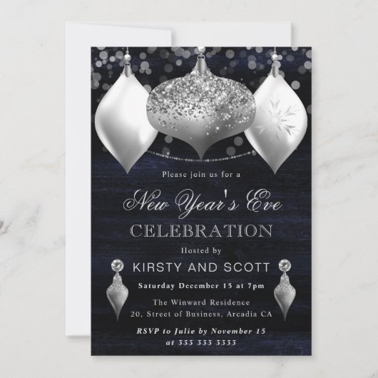 シルバーとホワイトのニューイヤーズイブパーティー 招待状 (正面)