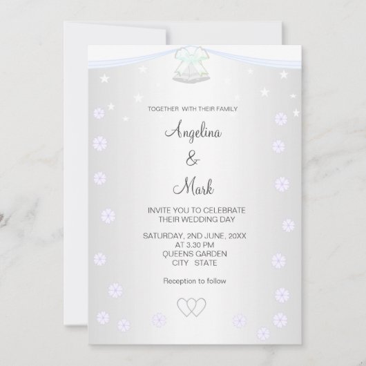 シルバーとホワイトのフラワーの結婚式 招待状 (正面)