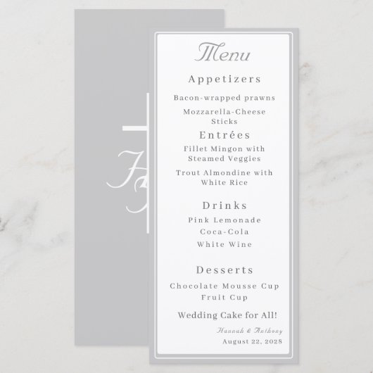シルバーとホワイトの洗練されたカトリック結婚式 メニュー (正面/裏面)