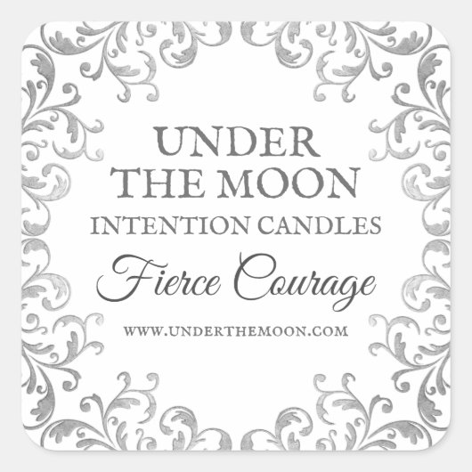 シルバーとホワイトの華美ろうそく足ラベル スクエアシール (正面)