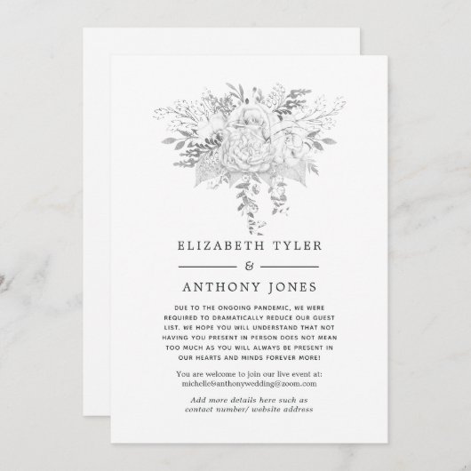 シルバーとホワイト ヴィンテージ ローズ 縮小 ゲストリスト 案内状 (正面/裏面)