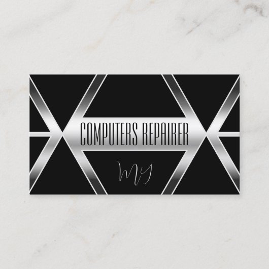 シルバーとモノグラムで印象的な黒い幾何学的 名刺 (正面)