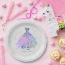 シルバーとレインボードレスグリッターsweet sixteen ペーパープレート