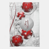 シルバーとレッドのメリークリスマスオーナメント キッチンタオル (縦)