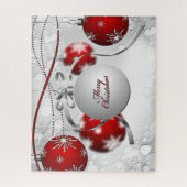 シルバーとレッドのメリークリスマスオーナメント ジグソーパズル (縦)
