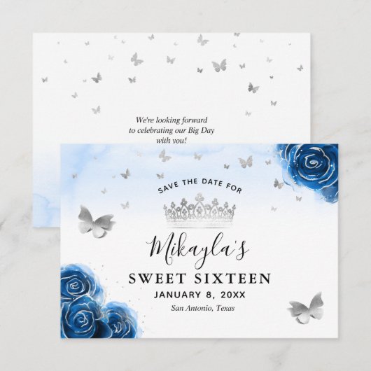 シルバーとロイヤルブルーのバラ エレガントな セーブ・ザ・デート (正面/裏面)