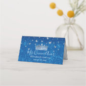 シルバーとロイヤルブルーのローズ エレガント フォールド テーブル プレイスカード (裏面)