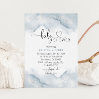 シルバーと埃っぽい青い水色のベビーシャワー 招待状