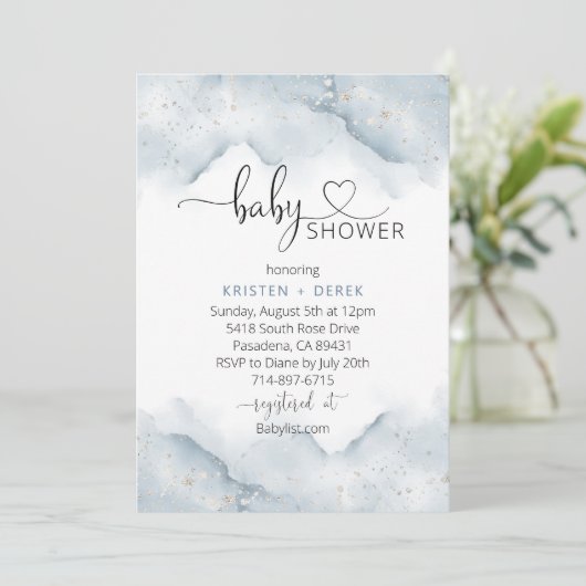 シルバーと埃っぽい青い水色のベビーシャワー 招待状 (スタンド正面)