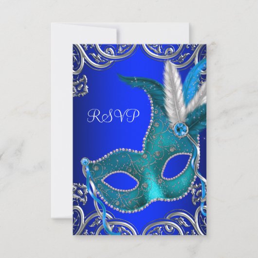 シルバーと王室のティール(緑がかった色)ブルーマスカレードパーティーRSVP 出欠カード (正面)