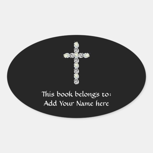 シルバーと白のバラのクロス 楕円形シール (正面)