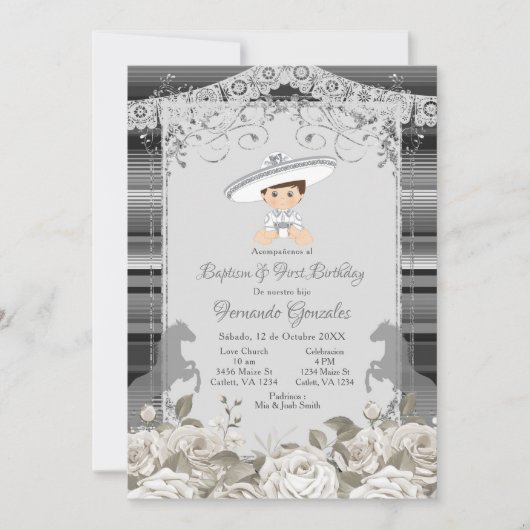 シルバーと白メキシコのバプテスマ&ファースト誕生日 招待状 (正面)
