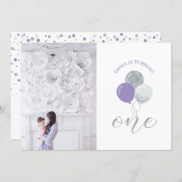 シルバーと紫のバルーン |女の子の最初の誕生日パーティー 招待状