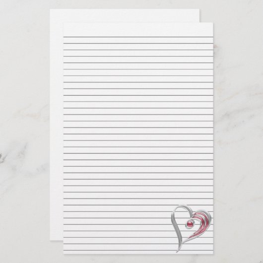 シルバーと赤いハートの文房具（オプションの線あり） 便箋 (正面/裏面)