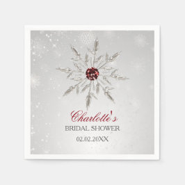 シルバーと赤の雪の結晶の冬の結婚前お茶会 スタンダードカクテルナプキン