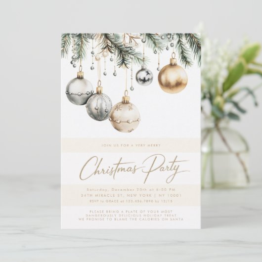 シルバーと金ゴールドのオーナメントバウブルクリスマスパーティー 招待状 (スタンド正面)