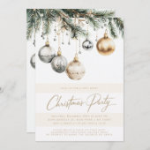 シルバーと金ゴールドのオーナメントバウブルクリスマスパーティー 招待状 (正面/裏面)