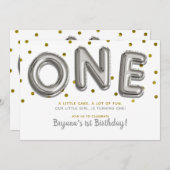 シルバーと金ゴールドの吹き出しワンバースデーパーティー 招待状 (正面/裏面)