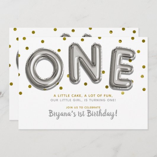 シルバーと金ゴールドの吹き出しワンバースデーパーティー 招待状 (正面/裏面)