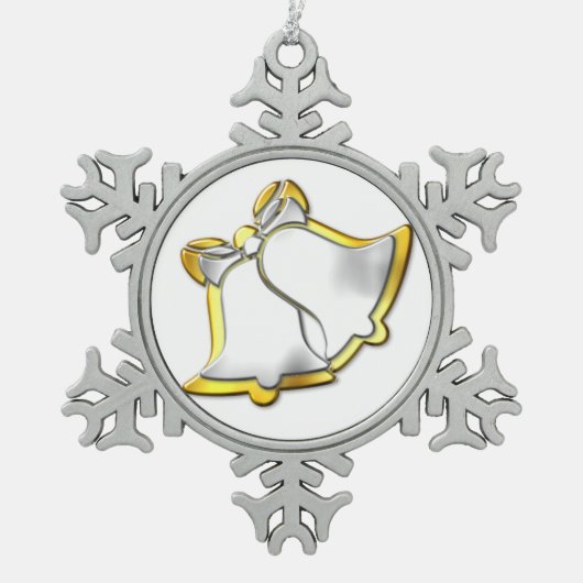 シルバーと金ゴールドの鐘クリスマス スノーフレークピューターオーナメント (正面)