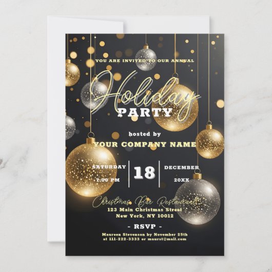 シルバーと金ゴールドオーナメントクリスマスホリデーパーティー 招待状 (正面)