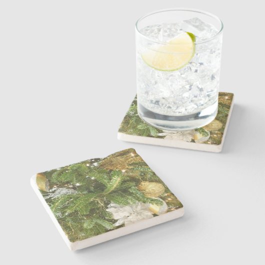 シルバーと金ゴールドクリスマスツリーIホリデー ストーンコースター (横)