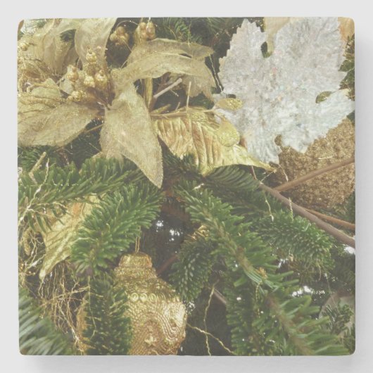 シルバーと金ゴールドクリスマスツリーIIホリデイ ストーンコースター (正面)