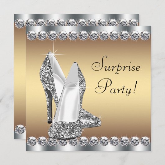 シルバーと金ゴールド女性サプライズ誕生日パーティー 招待状 (正面/裏面)