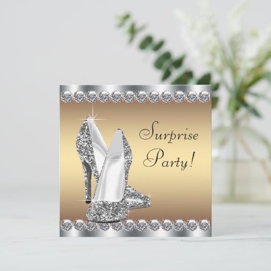 シルバーと金ゴールド女性サプライズ誕生日パーティー 招待状 (スタンド正面)