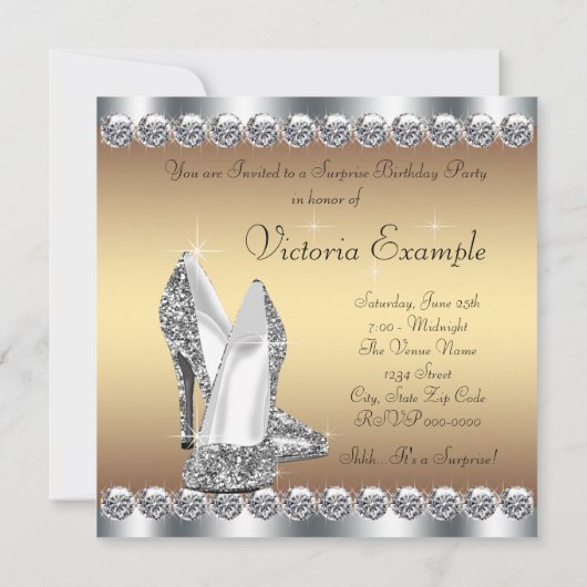 シルバーと金ゴールド女性サプライズ誕生日パーティー 招待状 (裏面)