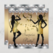 シルバーと金ゴールド女性サプライズ誕生日パーティー 招待状 (正面/裏面)