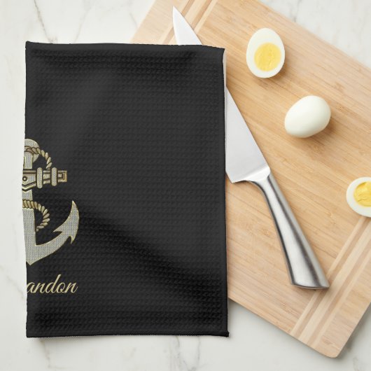 シルバーと金ゴールド航海のトーンボートいかりフリースb キッチンタオル (四つ折り)