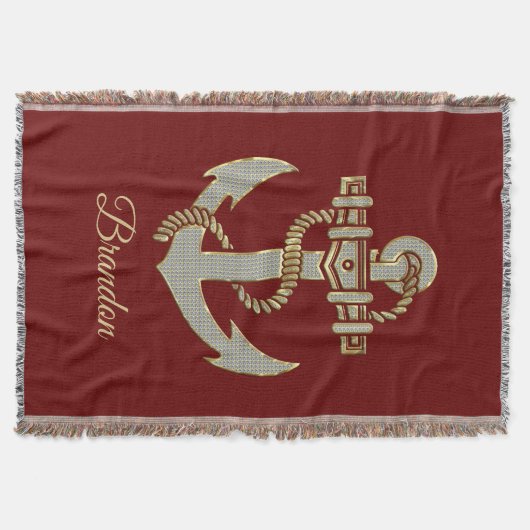 シルバーと金ゴールド航海のトーンボートいかりフリースb スローブランケット (正面)