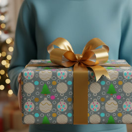 シルバーにキュートなクリスマスツリーとオーナメント ラッピングペーパー
