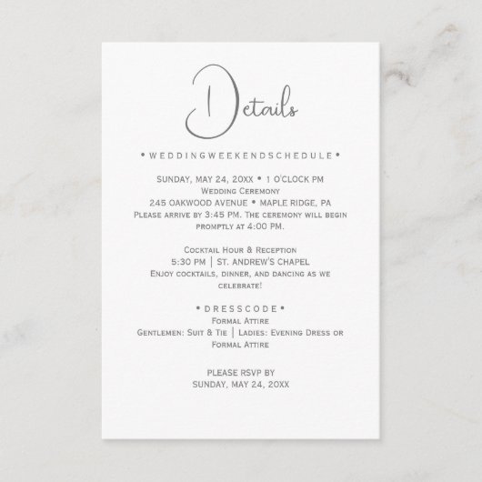 シルバーのカリグラフィー結婚式詳細カード エンクロージャーカード (正面)