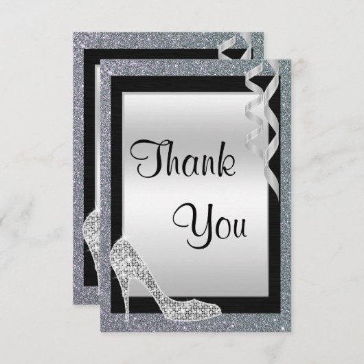 シルバーのキラキラ輝くスティレット&ストリーマーズありがとう サンキューカード (正面/裏面)