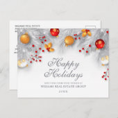 シルバーのクリスマスオーナメント企業の挨拶 ポストカード (正面/裏面)