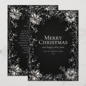 シルバーのクリスマスフラワーグリーティングカード 招待状 (正面/裏面)