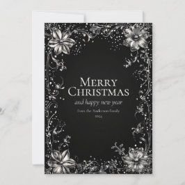 シルバーのクリスマスフラワーグリーティングカード 招待状