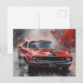 シルバーのストライプが入ったヴィンテージのレッドマッスルカー ポストカード (正面/裏面)