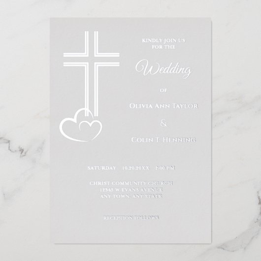 シルバーのダブルラインクロスハート結婚ズ 箔招待状 (正面)