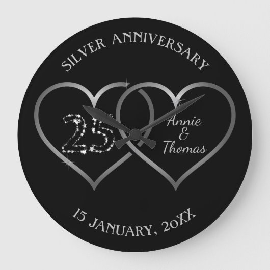 シルバーのハートと数字 ラージ壁時計 (正面)