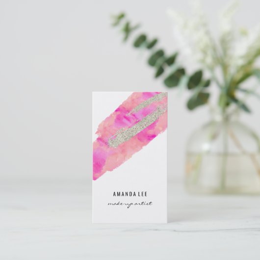 シルバーのフェイクグリッターブラシストロークの水色 名刺 (スタンド正面)