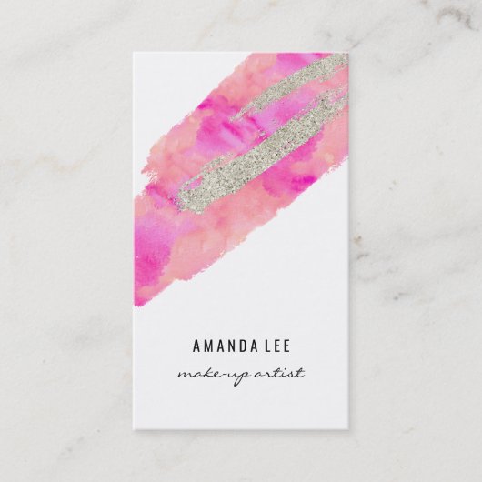 シルバーのフェイクグリッターブラシストロークの水色 名刺 (正面)