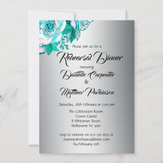 シルバーのリハーサルにシャビー・シックなアクア結婚バラ 招待状 (正面)