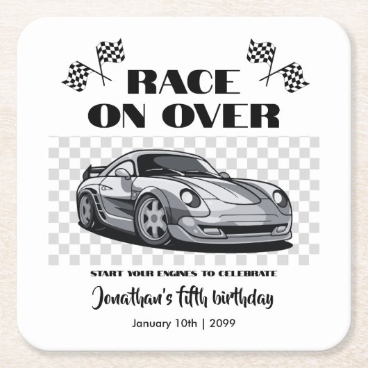 シルバーのレースカーモダンでレースを行う スクエアペーパーコースター (正面)