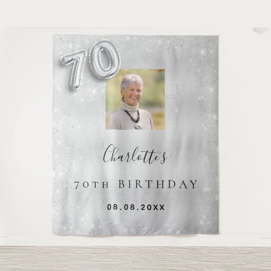 シルバーの写真グリッターがおしゃれな70歳の誕生日 タペストリー (正面)