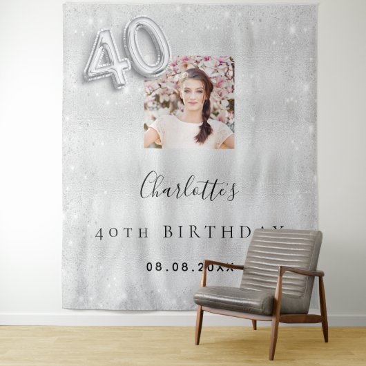 シルバーの写真グリッター 40歳の誕生日おめでとう タペストリー (インサイチュ)